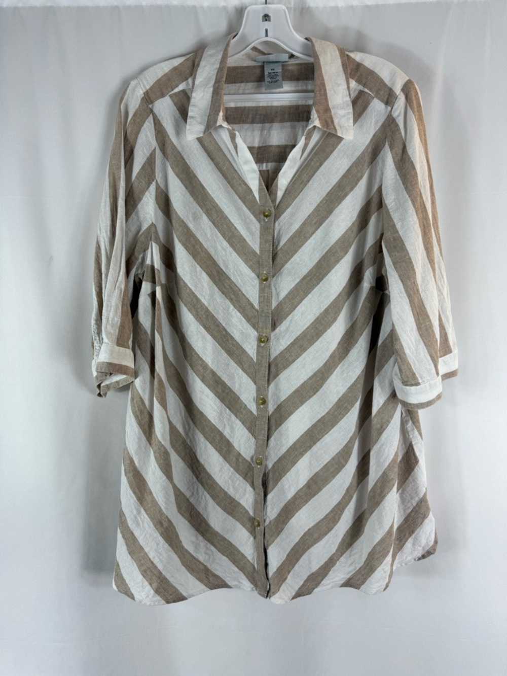 Catherines Linen Blend Chevron Stripe Tunic
Top Shirt Women 14/16 Cream Brown